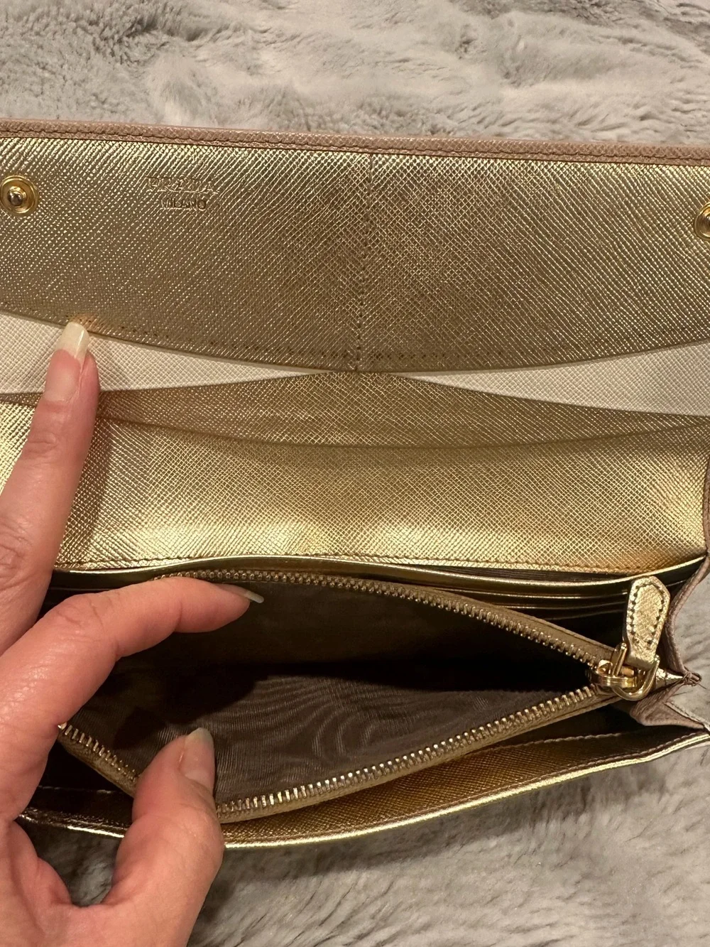 Prada Gold-Logo Saffiano Wallet in Nude Pink